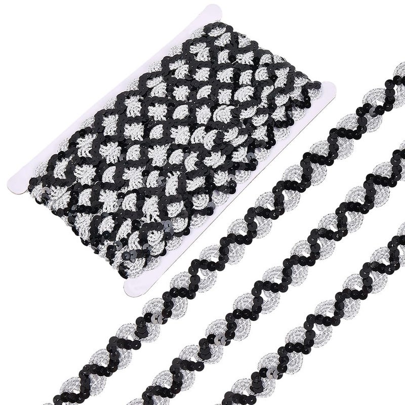 CABODYALS 12 Yards Black Silver Sequin Trim Flat Sequins Beaded Strip Rick Rack Wave Gimp Woven Braid Trimming Metallic Glitter Ric Rac Fabric Ribbon for Sewing Making Crafts Clothes Diy Costume Decor - Image 1